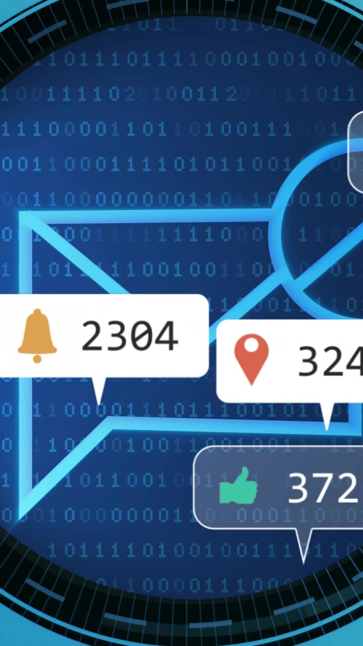 Vertical video: HUD appearing, neon envelope magnifier emerging, badges updating inbox counts