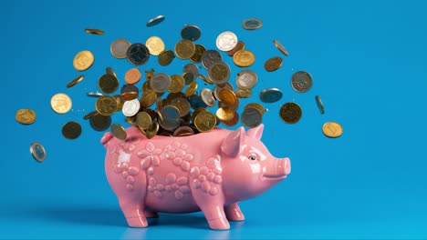 a vibrant pink piggy bank overflowing with coins against a bright blue background, illustrating the joy of saving and the excitement of financial growth