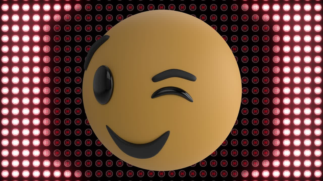 animación de emoji sonrientes sobre filas de luces rojas brillantes en una pantalla digital en el fondo