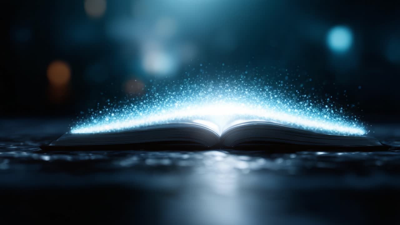 Un libro aperto incantato che irradia luce scintillante ed energia magica, catturando l'essenza della conoscenza e dell'immaginazione in un'atmosfera mistica