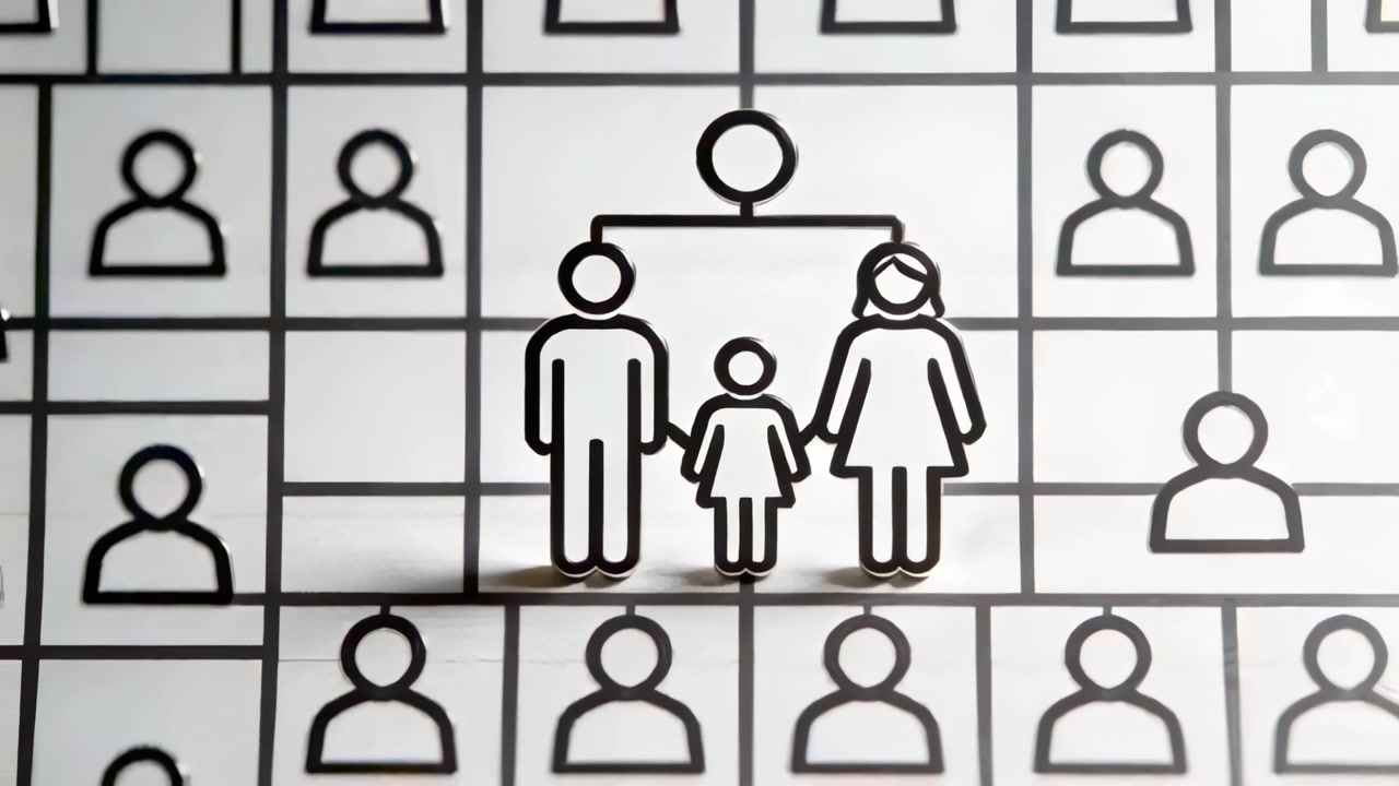 Camera pulling back and shifting focus, revealing grid around central family icon with shadow base