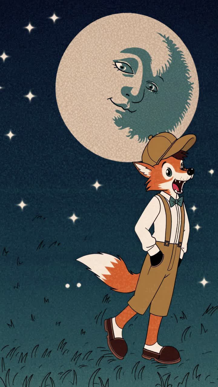 En finurlig cartoon ræv i vintage tøj går under en smilende måne