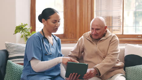 Tablet,-discussion-and-nurse-with-senior-man