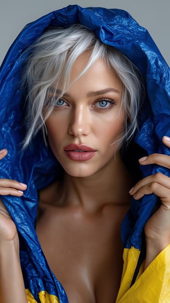 Giovane donna con capelli argentati che indossa una giacca con cappuccio blu e gialla contro un cielo sereno.