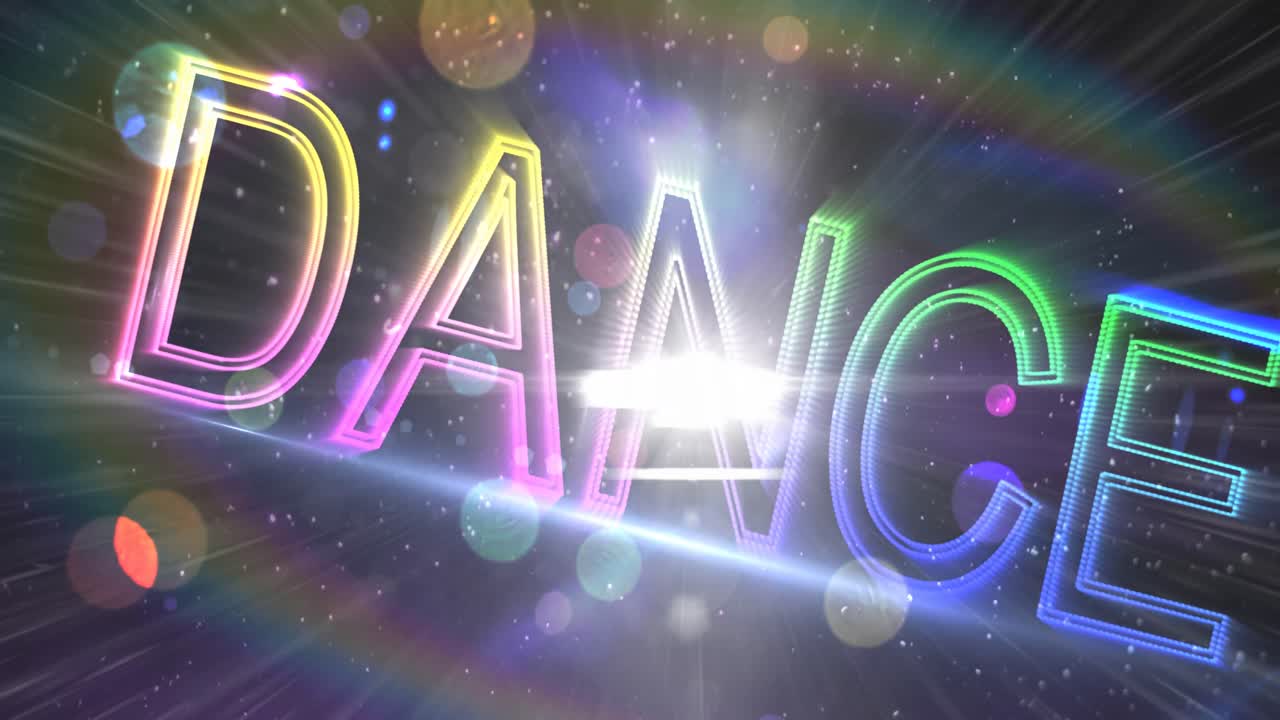 Digital animation of colorful neon dance text against spot of light on dark background