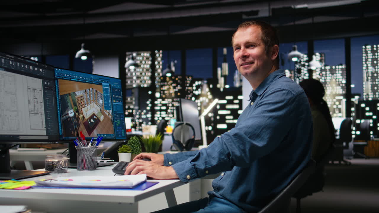 Portrait of male engineer uses architectural software and blueprints