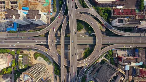 china sunny day shanghai city famous traffic round road junction aerial top view 4k