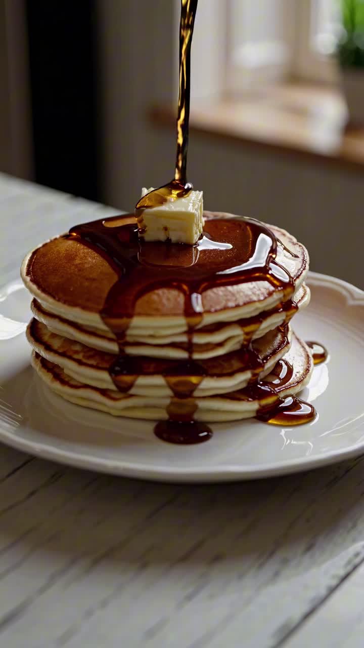 A close-up video shot of syrup cascading over a stack of pancakes with butter, capturing the rich