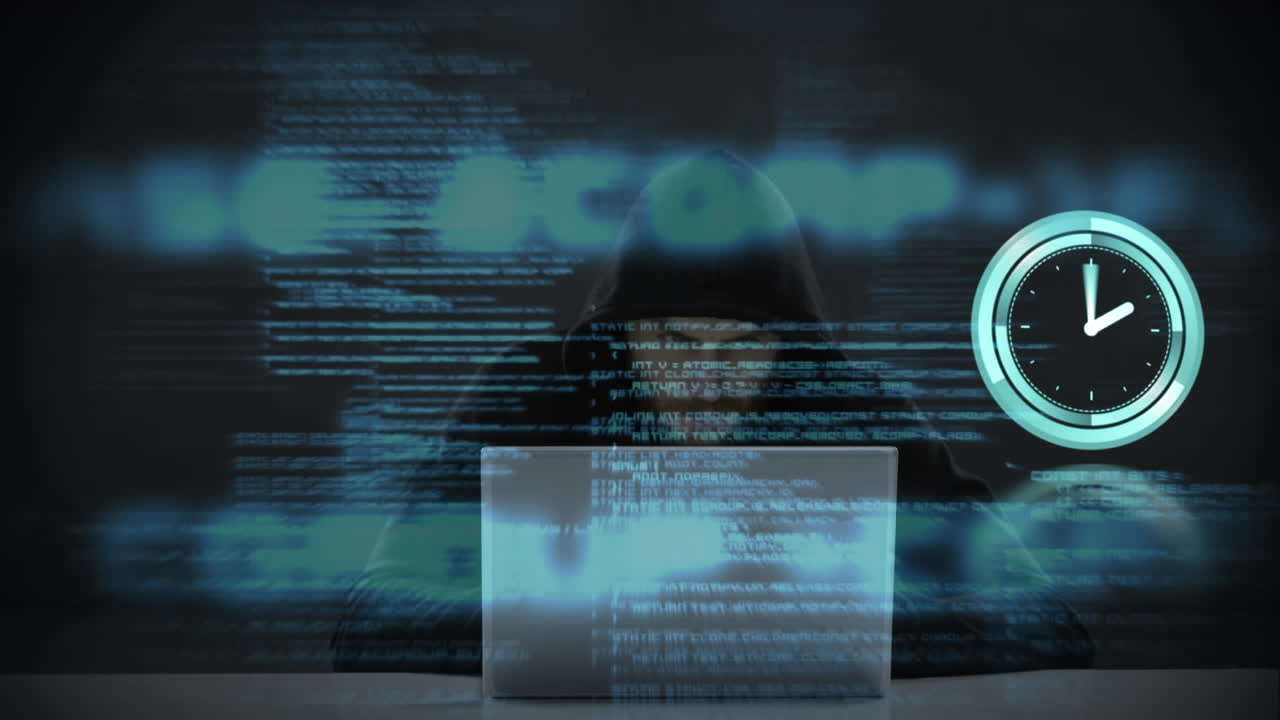 animación de reloj de neón y procesamiento de datos contra un hacker caucásico usando una computadora portátil.