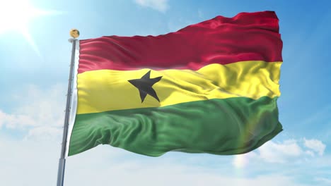 ghana flag waving in the wind against deep blue sky. national theme, international concept. 3d render seamless loop 4k