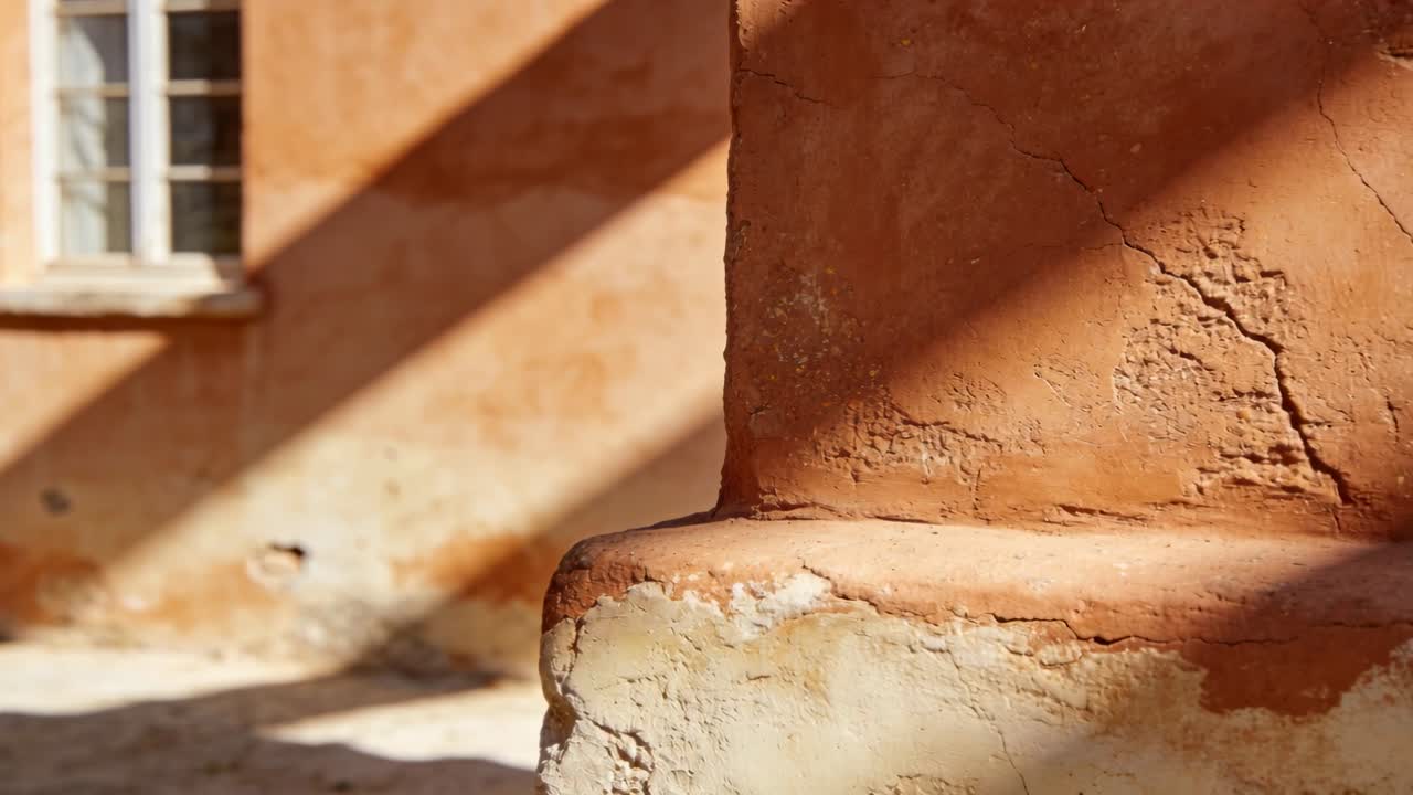 Telecamera che panoramica a destra con la luce del sole che si sposta, riprendendo una base di intonaco scrostato e ombre inclinate vicino alla finestra.