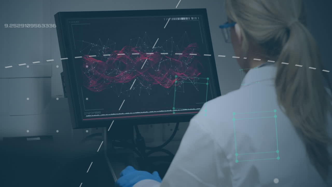 animación de procesamiento de datos y líneas blancas sobre médico femenino utilizando computadora