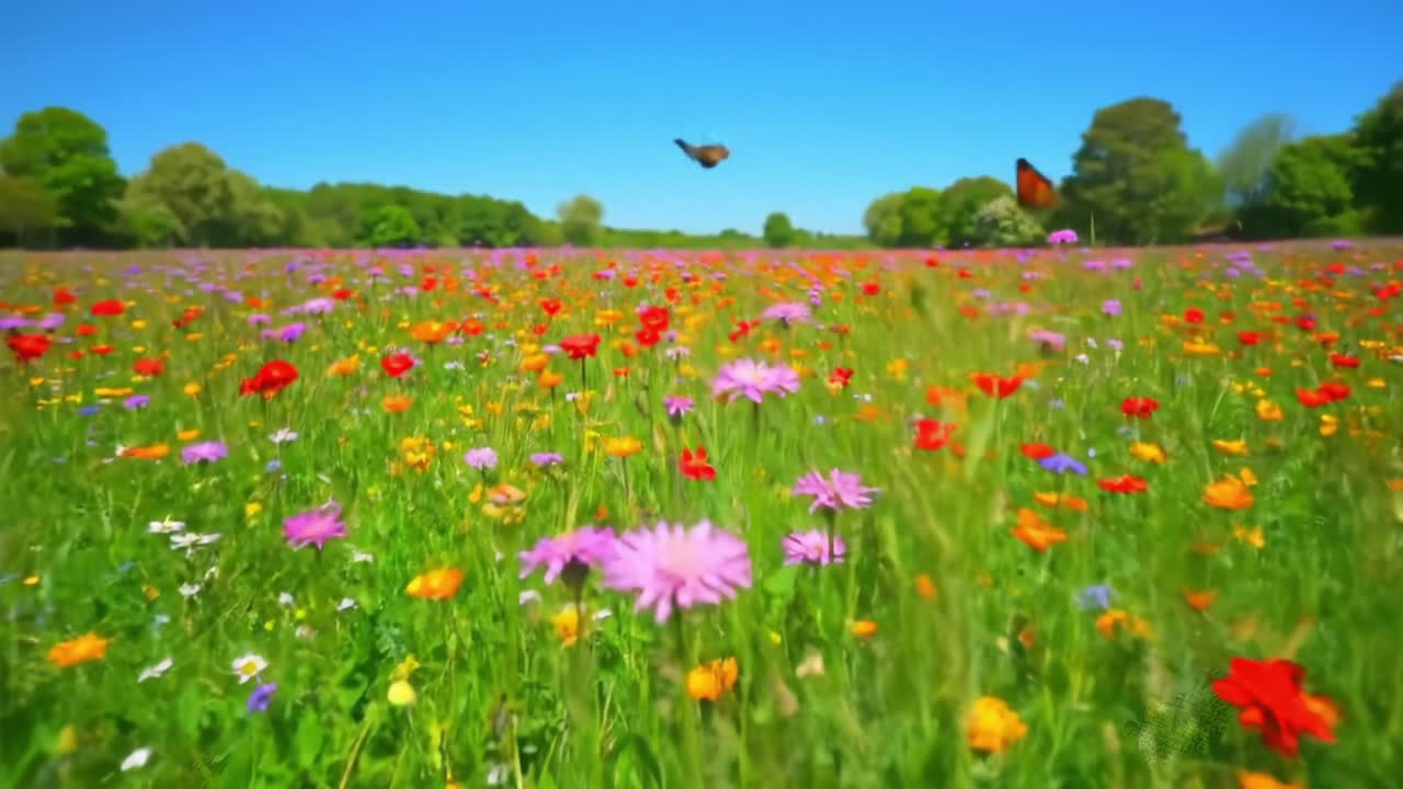 A Vibrant Display of Nature: A Flourishing Field of Colorful Wildflowers Under a Clear Blue Sky, Captured in Stunning Detail