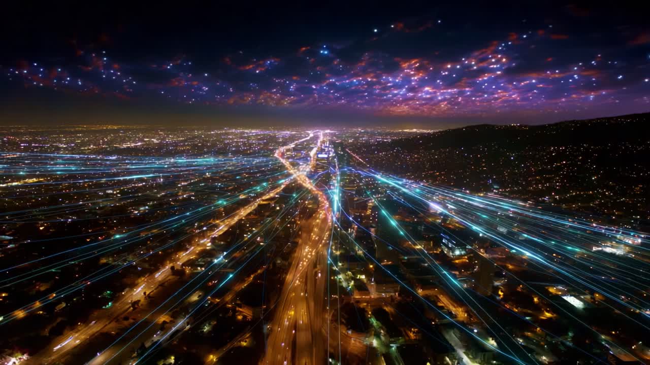 A Stunning Aerial View of a Cityscape at Night, Showcasing Brilliant Light Trails on Highways and Rich Urban Glow Under a Starry Sky, Capturing the Vibrancy and Motion of the Urban Environment