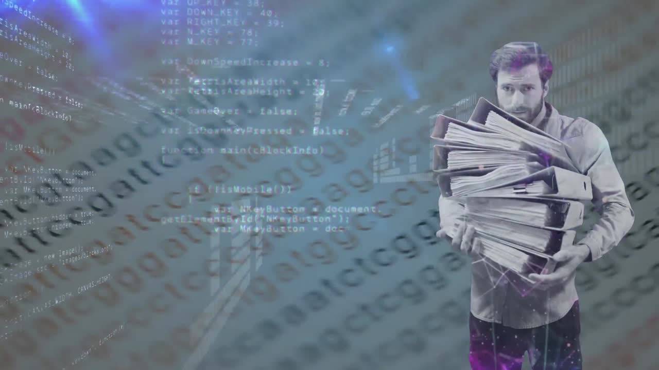 디지털 코딩 및 데이터 처리와 함께 사무실 파일 스택을 운반하는 남자의 애니메이션