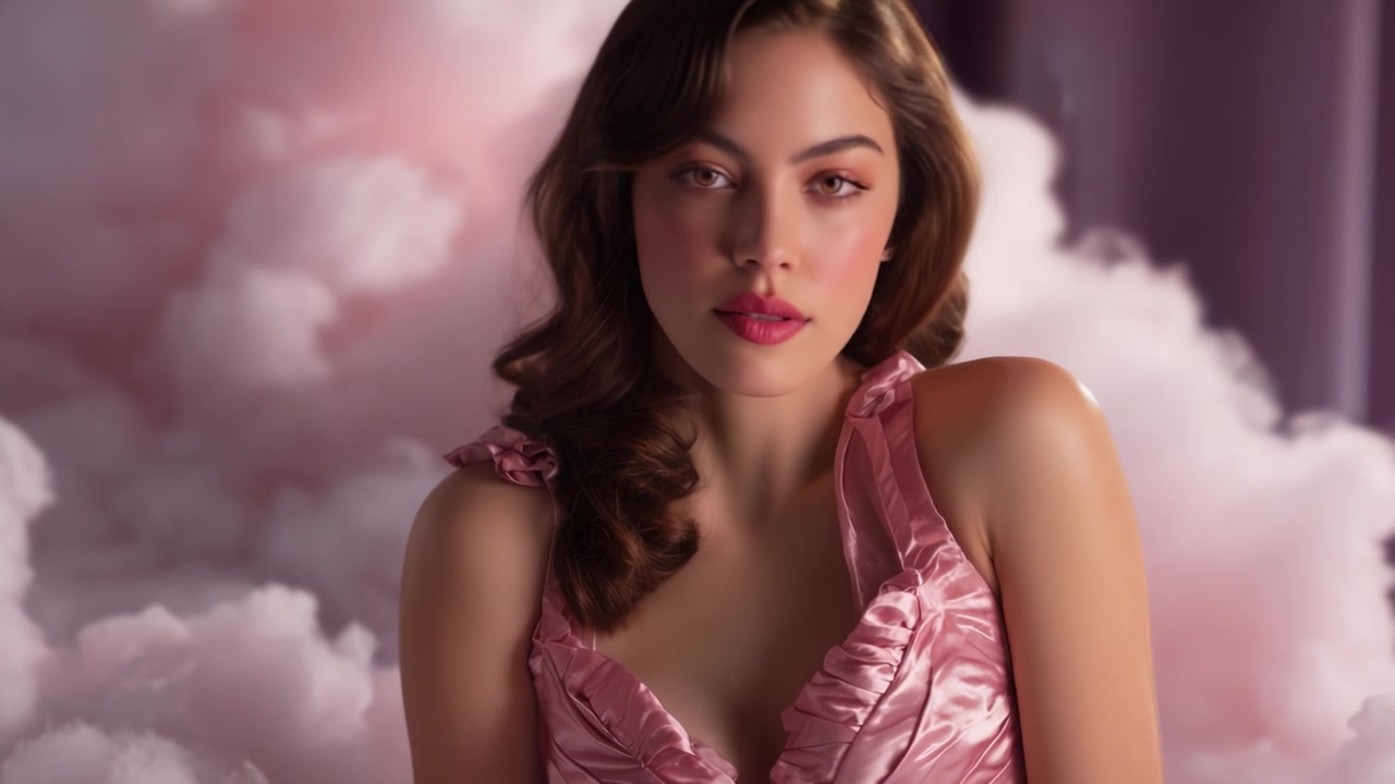 A close-up portrait of a young woman with elegant features, wearing a pink satin dress, surrounded by soft, fluffy clouds, embodying beauty and grace.
