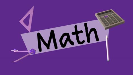 animación de iconos educativos con texto de matemáticas sobre fondo púrpura