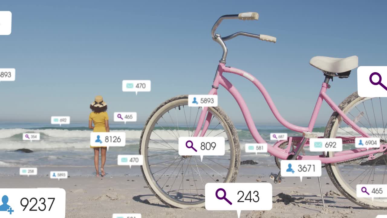 Timeline progressing driving icons surrounding woman by bicycle at beach showing marketing metrics