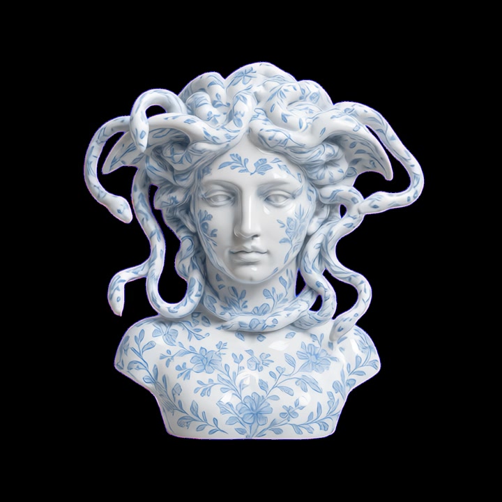 Busto in porcellana di Medusa con motivo floreale blu