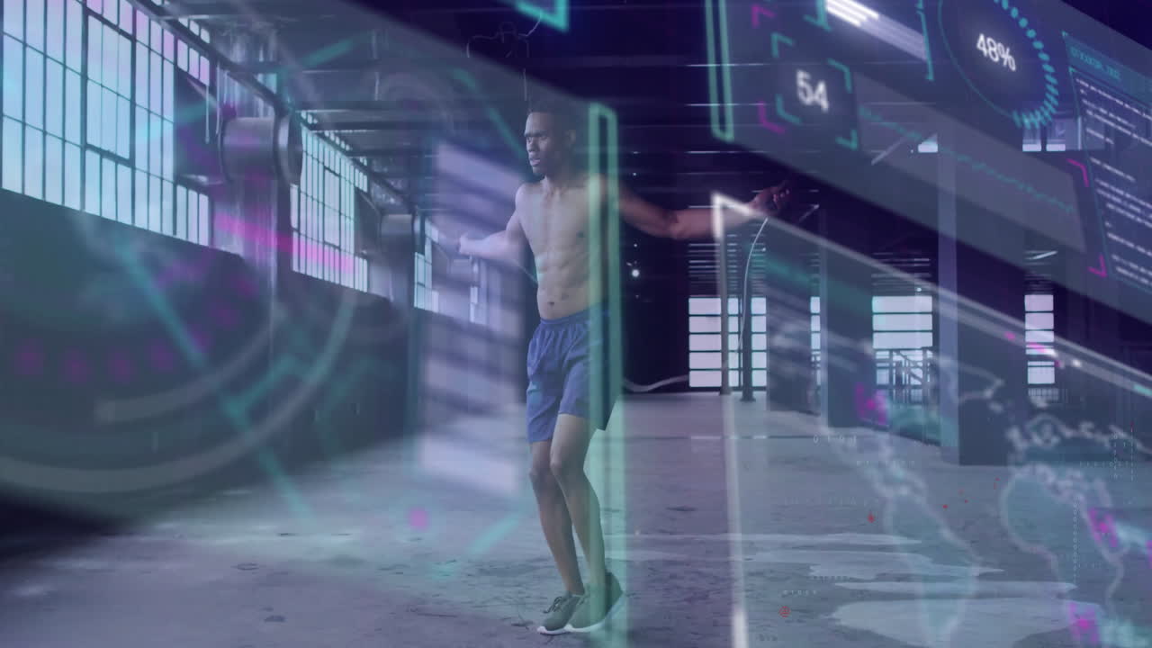 Man skipping rope in gym with digital fitness data overlay animation
