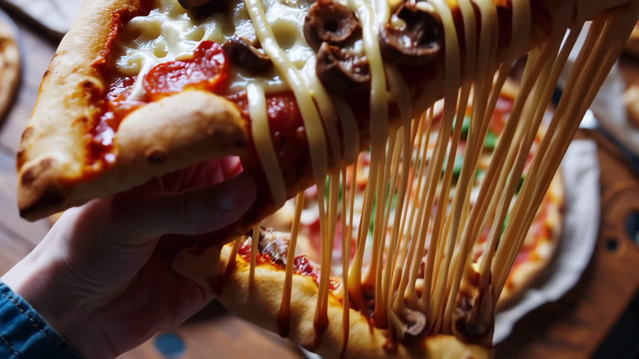 A close-up view of hands holding and stretching a cheesy pizza slice, with additional pizzas visible on a wooden table