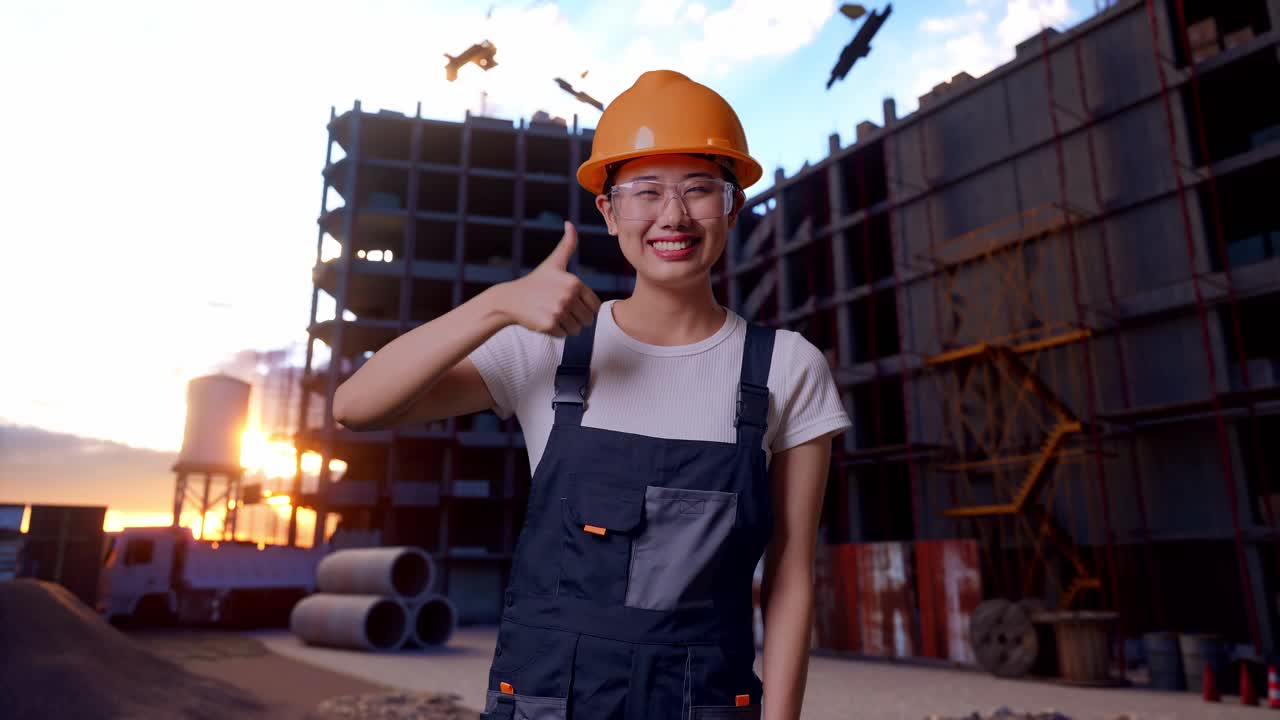 trabajadora asiática con gafas de protección y casco de seguridad sonriendo y mostrando el dedo pulgar hacia arriba mientras está de pie en el sitio de construcción