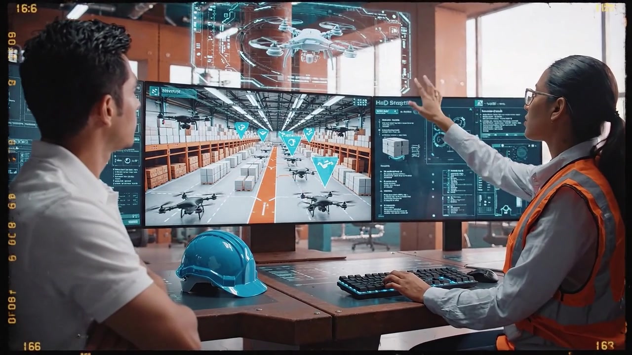 Ingenieros Monitoreando Logística de Drones en Sala de Control de Almacén Inteligente