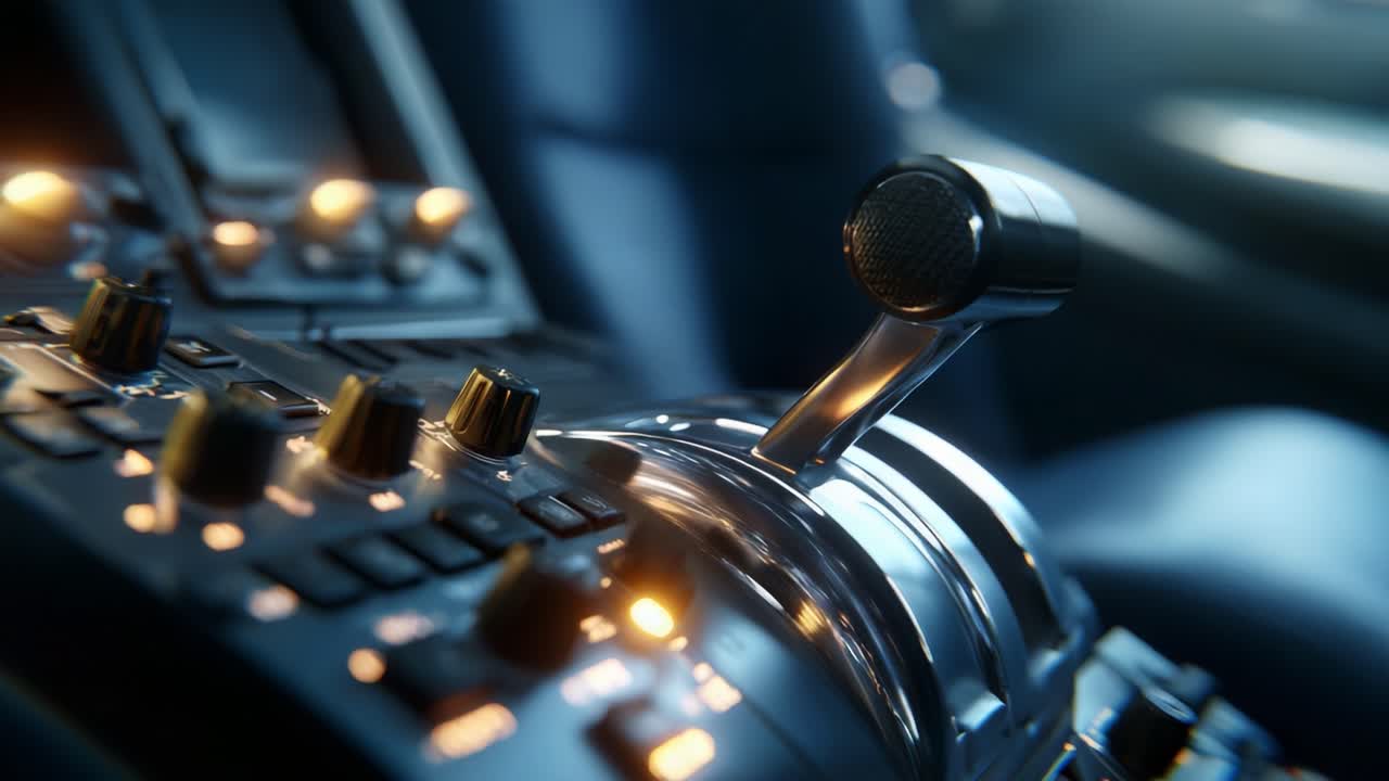 A Close-Up Look at a Sleek and High-Tech Control Interface, Featuring a Polished Lever and Illuminated Buttons, Perfect for an Advanced Machine or Vehicle Console
