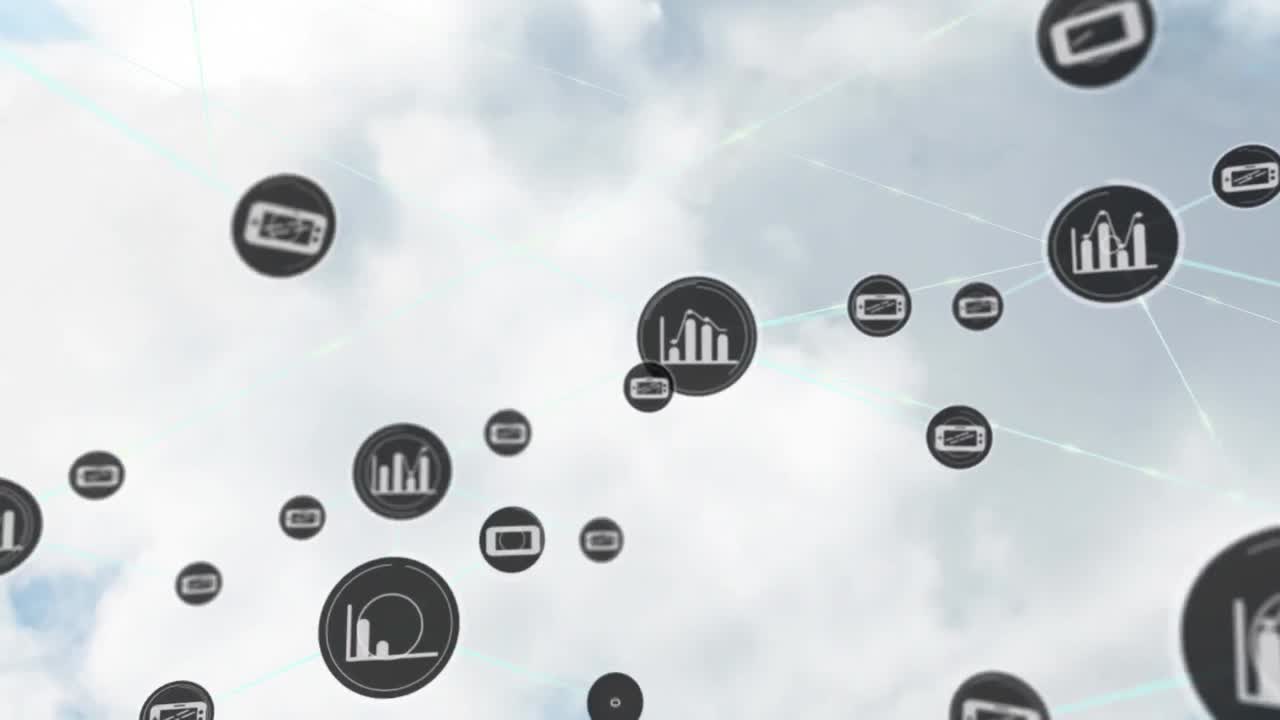 Animation of network of connections with icons over clouds on sky