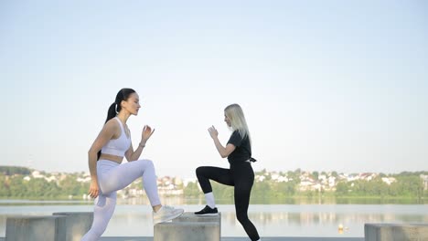 two woman enjoy fitness doing aerobic exercises for strong legs in summer park sport concept two woman enjoy fitness doing aerobic exercises for strong legs in summer park sport concept