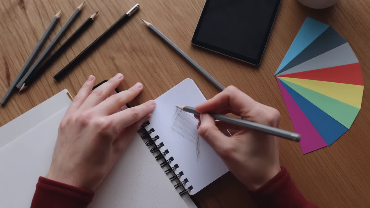 Overhead view of hands drawing in a sketchbook on a wooden desk