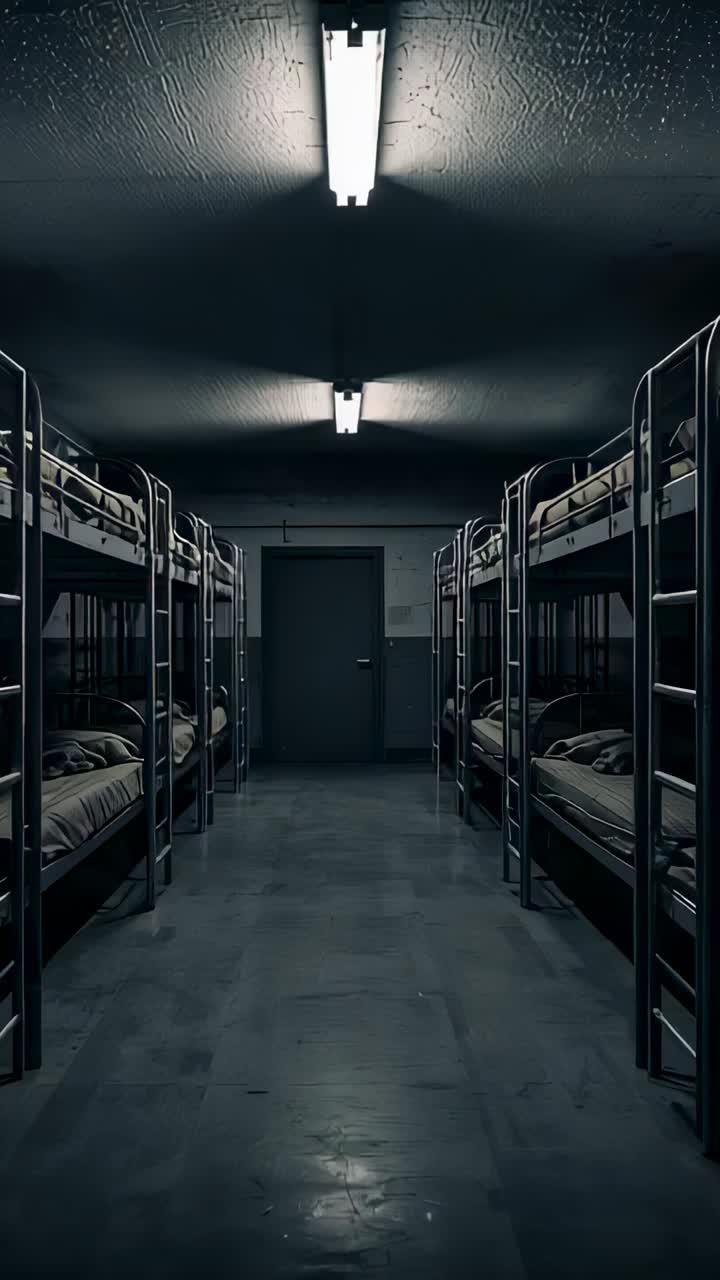Vertical video: Camera holding central aisle view in dorm, showing metal bunk beds and metal door