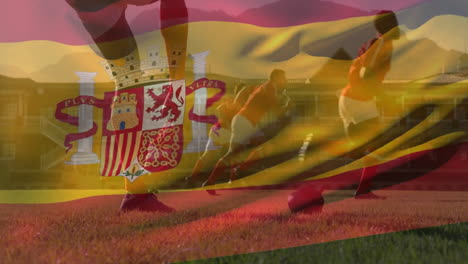 animation of flag of spain over diverse rugby players