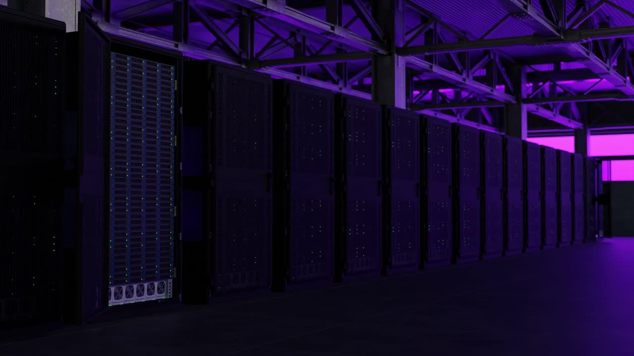 Row of black server racks in industrial data center with purple lighting and exposed ceiling. Cloud computing and digital storage infrastructure concept. Design for banner, poster, wallpaper, header