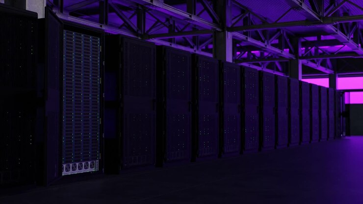 Row of black server racks in industrial data center with purple lighting and exposed ceiling. Cloud computing and digital storage infrastructure concept. Design for banner, poster, wallpaper, header