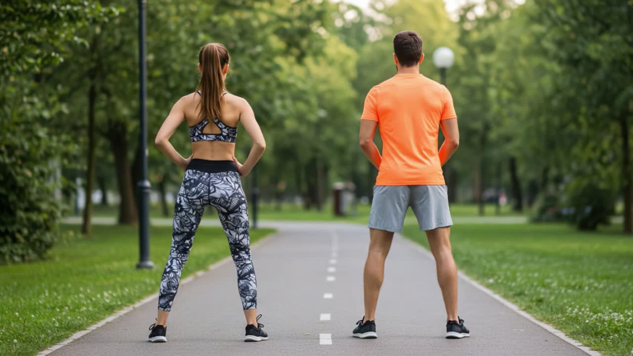 A Dynamic Duo: A Woman and Man Exchanging Strength in a Lush Park, Embarking on a Running Journey Together, Embracing Fitness and Mental Clarity in Nature's Embrace