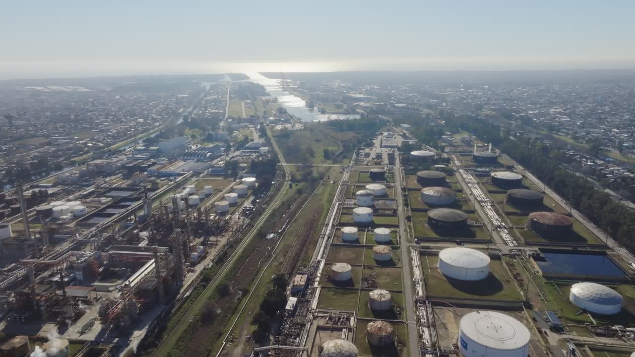 Aerial view of oil field and facilities in Argentina