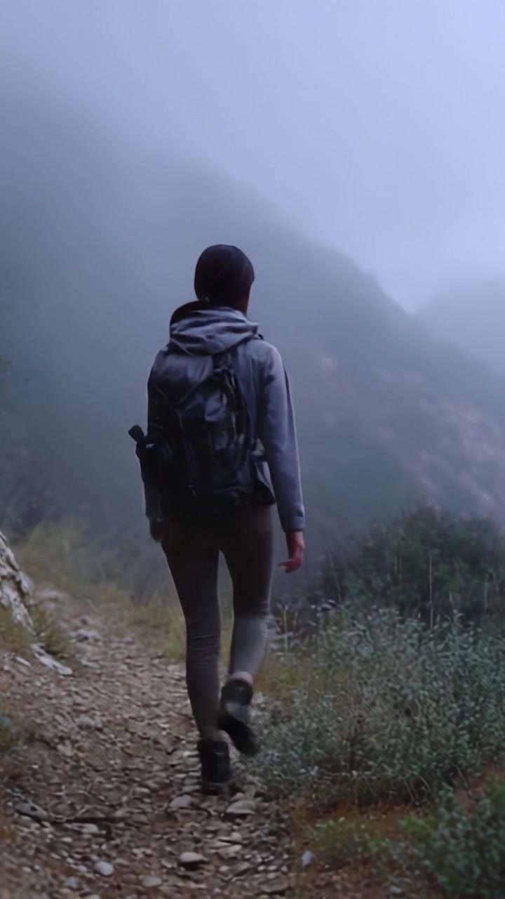 A Solo Hiker Navigating a Misty Trail Through Lush Mountains, Embracing the Beauty of Nature and the Adventure of the Great Outdoors
