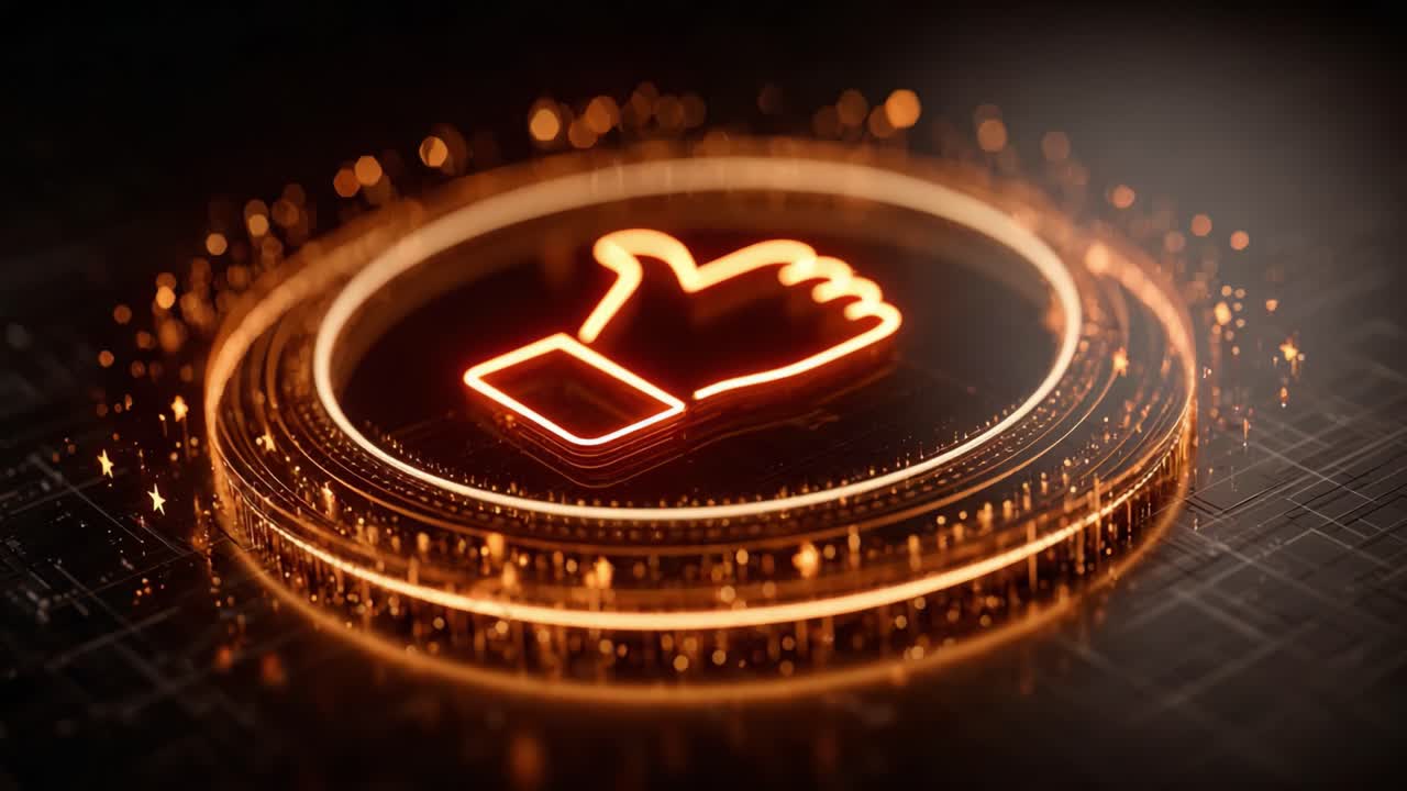 Captivating 3D Render of a Glowing Thumbs Up Icon Surrounded by Sparkling Circular Effects, Perfect for Representing Approval, Positivity, and Engagement in Digital Designs