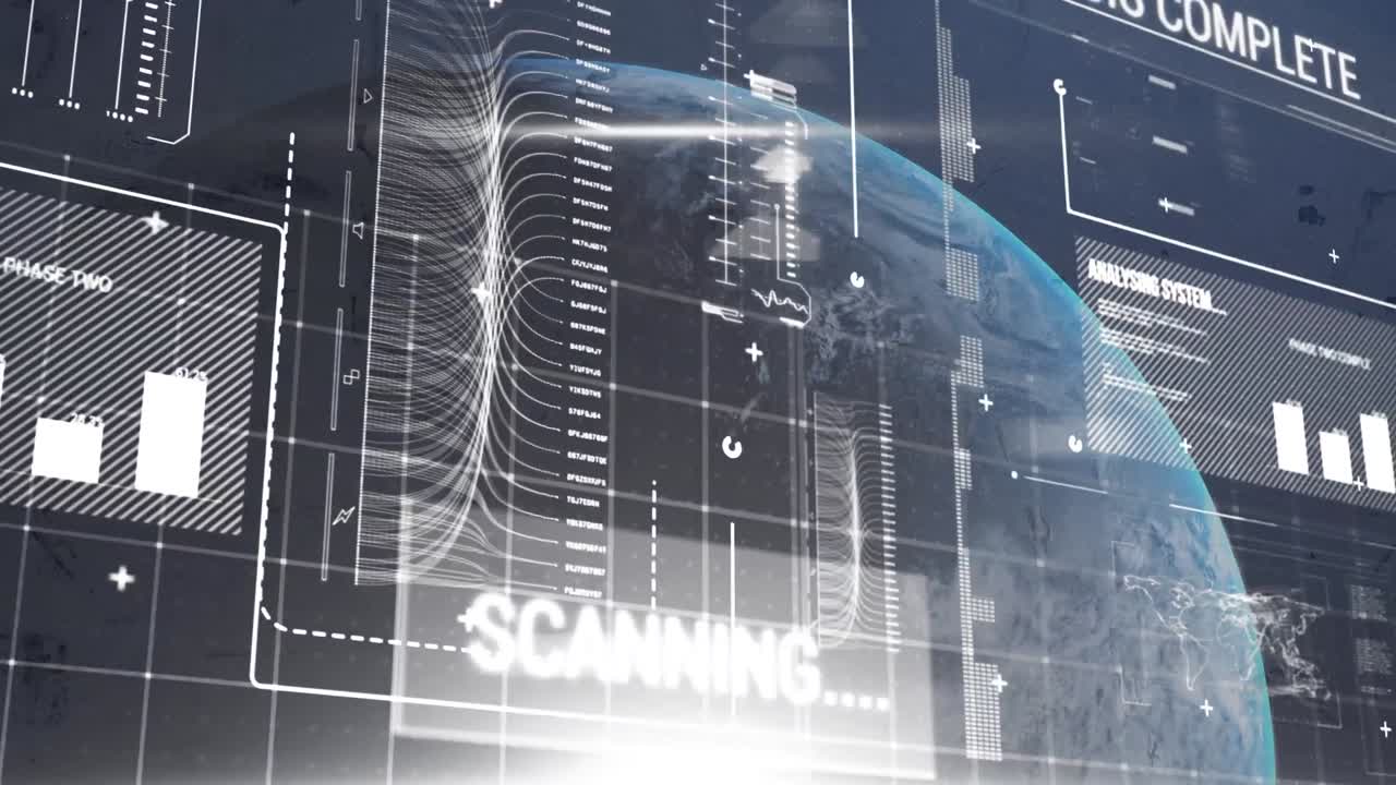 금융 데이터 처리의 애니메이션과 검은색 배경의 지구