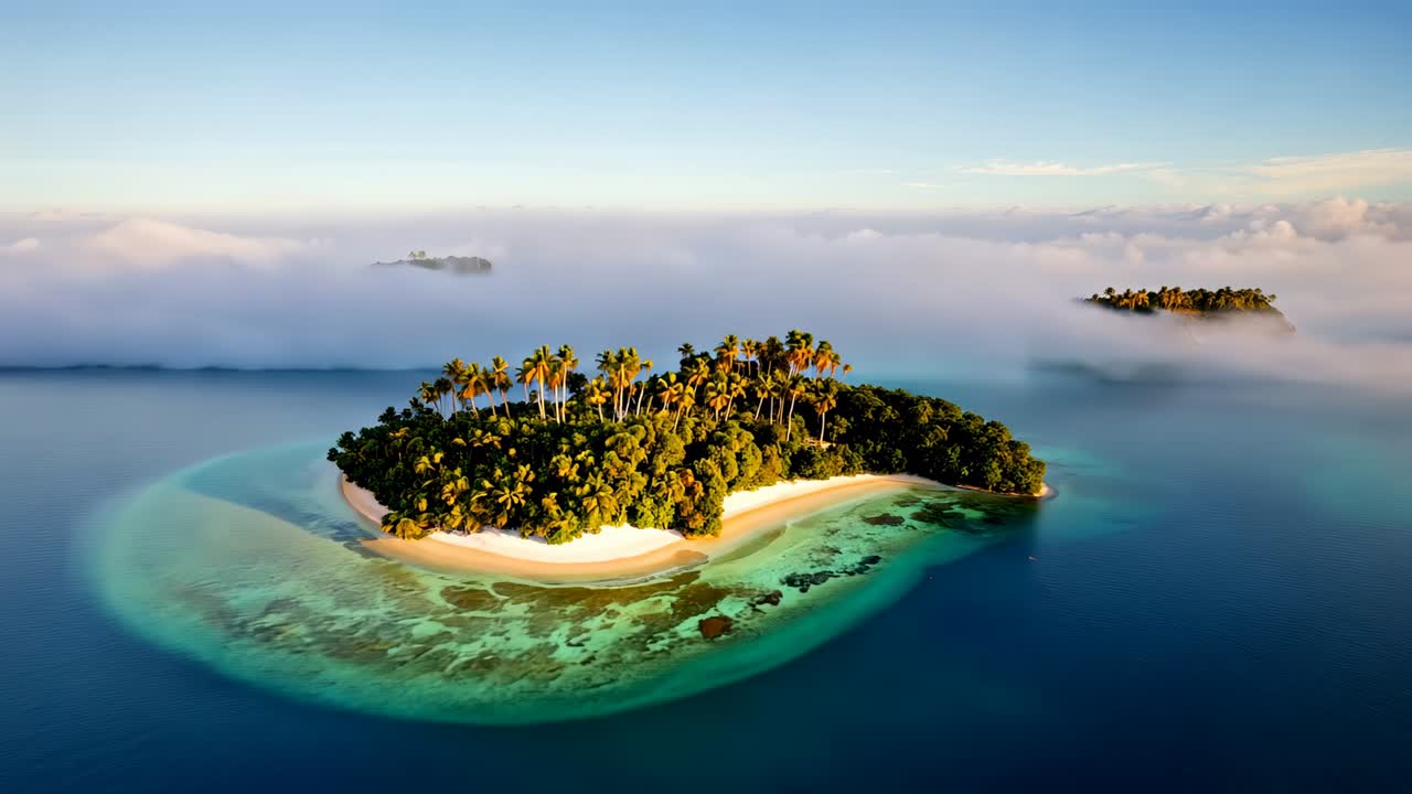 Pulling back drone, revealing tropical island at sunrise, reef, rising fog, buoys, distant islets