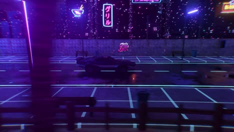 coche y ciudad en estilo neón. fondo de onda retro de los años 80 animación 3d. coche futurista retro conducir a través de la ciudad de neón. renderizado 3d de bucle sin costuras