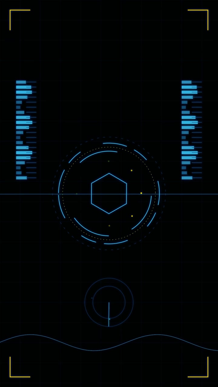 Futuristic Digital HUD Interface with Rotating Hexagon and Data Scanners