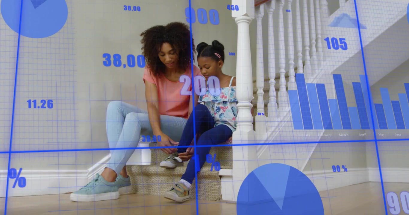 Child lifting foot mom leaning in tying shoe on stairs prepping with overlay charts tracking health