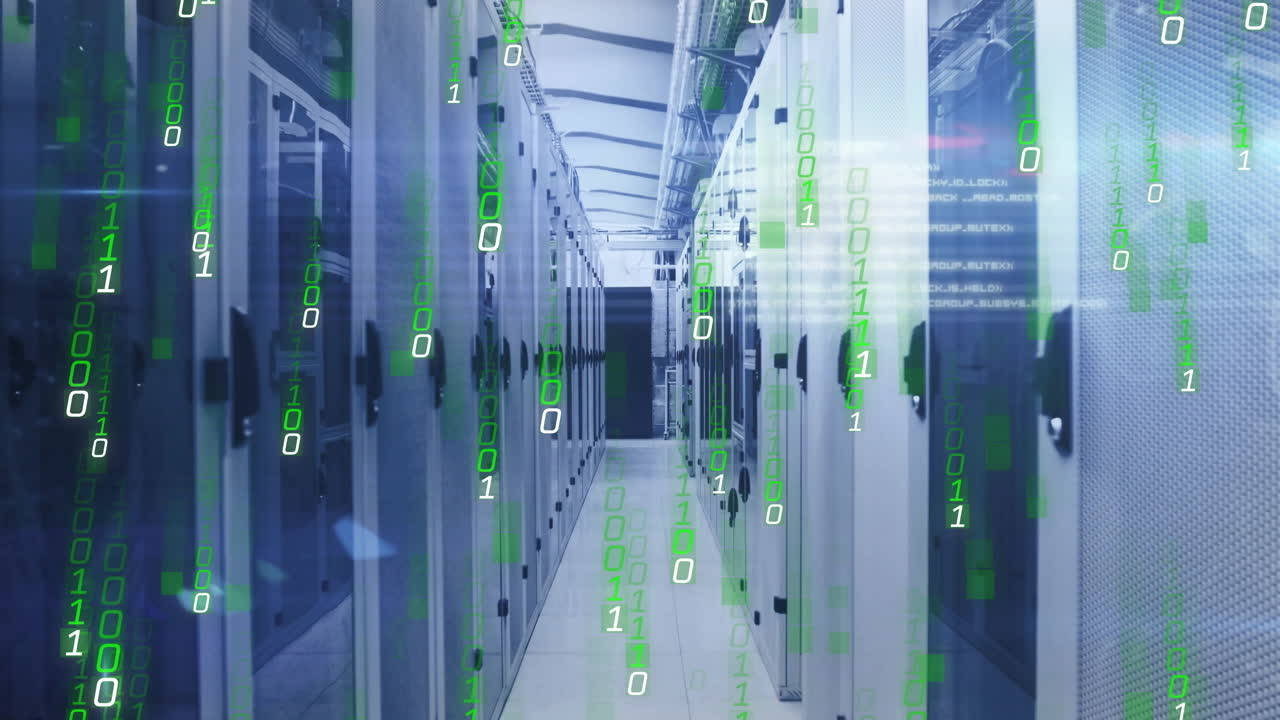 Animation of binary coding digital data processing over computer servers