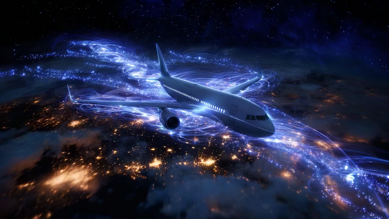 A stunning depiction of an airplane soaring through a mesmerizing cosmic landscape filled with vibrant blue light patterns and a backdrop of stars and city lights