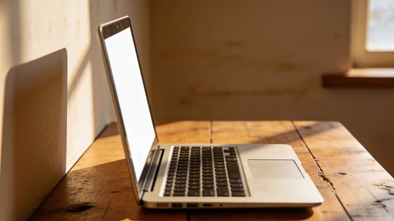 La telecamera avanza, stringendo l'inquadratura su un laptop argentato per evidenziare la tastiera e un'ombra calda e illuminata dal sole.