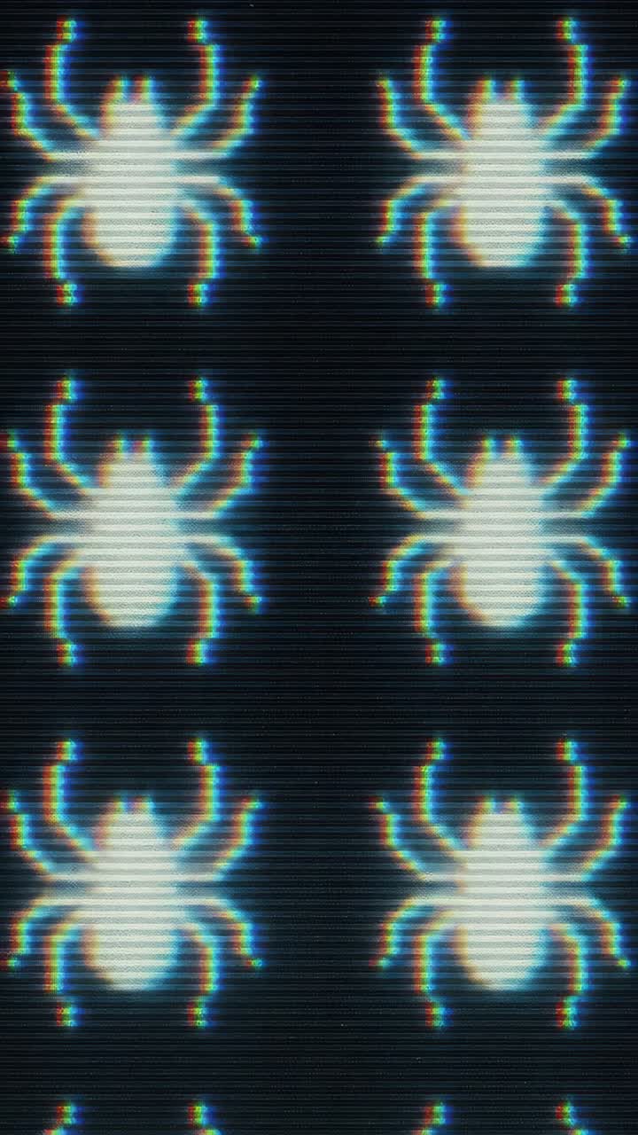 Top-down view of pixelated spiders on a black background, styled like a retro video game