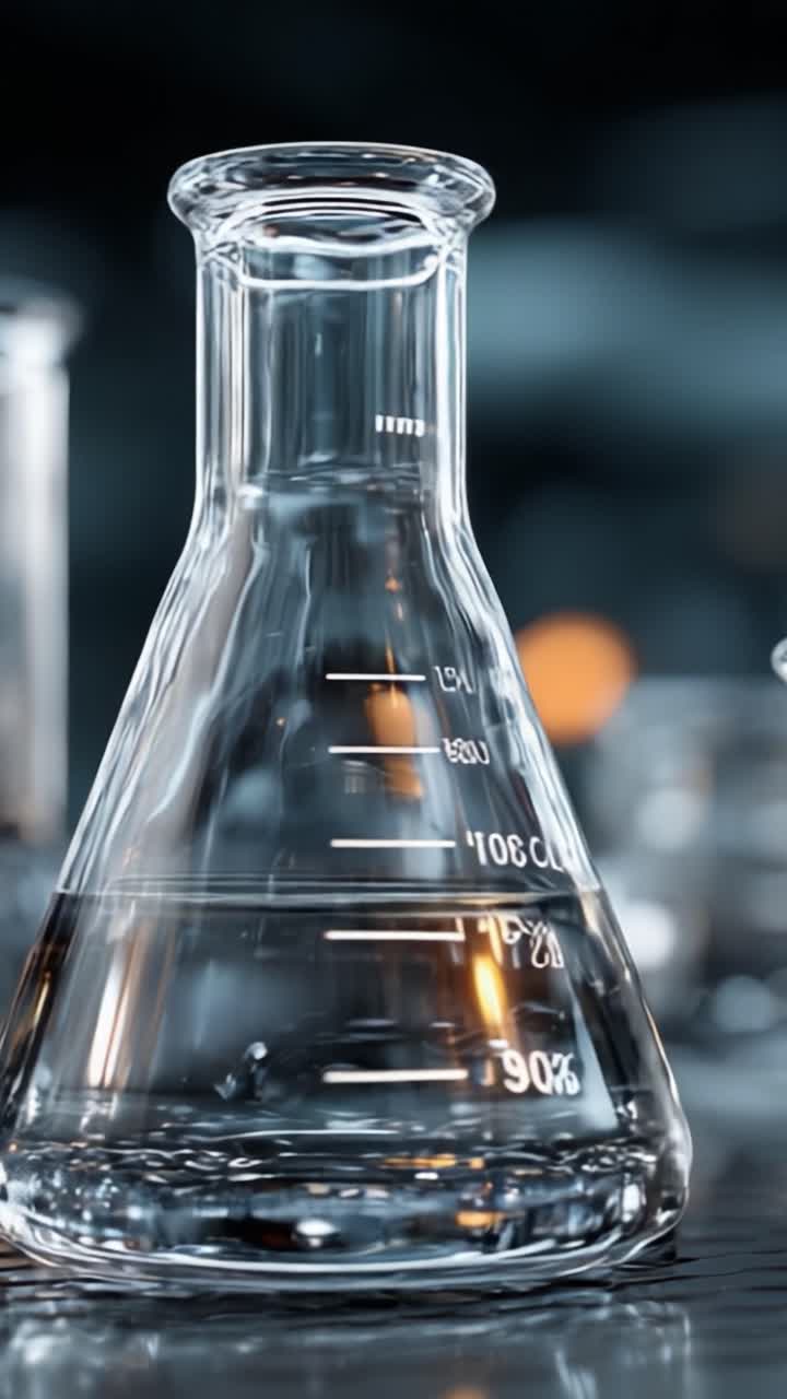 Vetreria scientifica in un ambiente di laboratorio, che mostra un becher trasparente pieno di liquido, meticolosamente realizzato per misurazioni precise ed esperimenti chimici