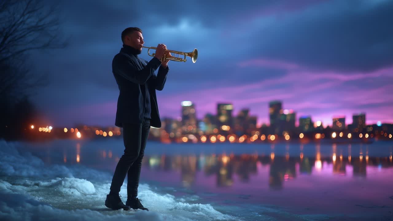 A musician stands on the snowy banks of a serene water body, playing the trumpet against a stunning backdrop of a city skyline illuminated by a breathtaking twilight sky filled with vibrant hues